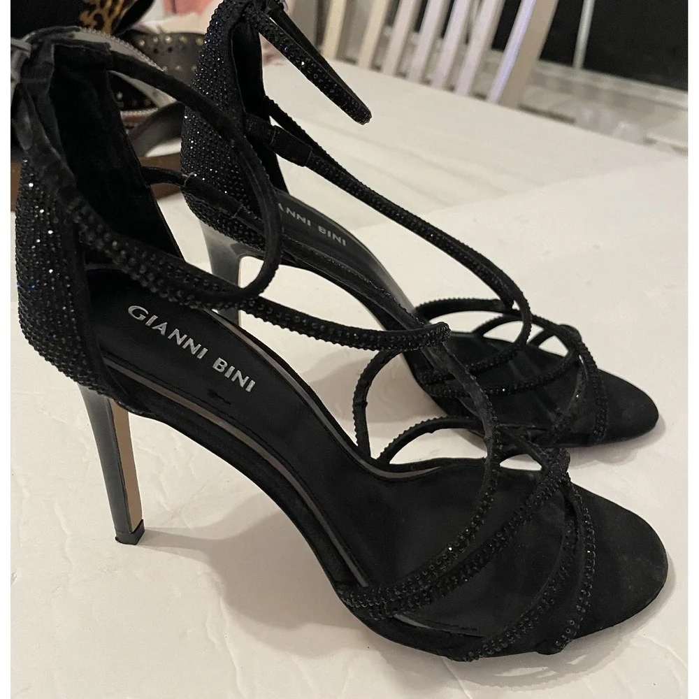 Gianni Bini Black Rhinestone Strappy Stiletto Heels 7.5 Evening Party Prom